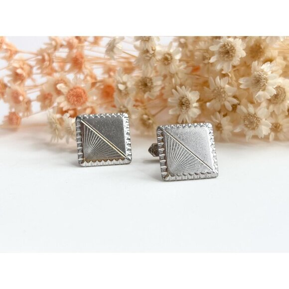 Art Deco Square Shaped Carved Sterling Silver Men's Classic Cuff Links - Picture 2 of 10